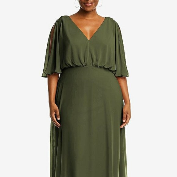 After Six 1565...V-Neck Split Sleeve Blouson Maxi Dress....Olive Green...Sz 18 - Picture 1 of 11